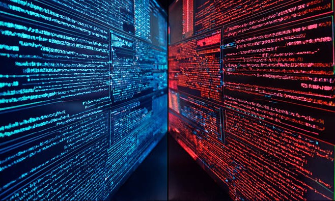 Decorative image of two competing screens in blue and red